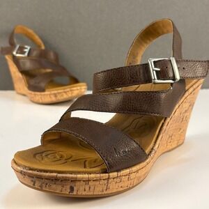BOC Born Concepts‎ Brown Leather Cork Wedge Strappy Sandals Women's Size 7M